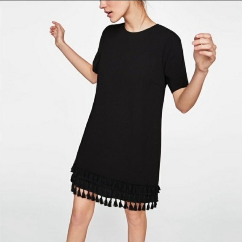 Zara Black Tassel Fringe Shift Dress Short Sleeve S